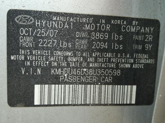 KMHDU46D38U350598 - 2008 HYUNDAI ELANTRA GL SILVER photo 10