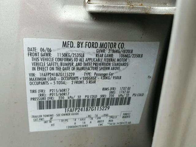 1FAFP24187G115229 - 2007 FORD FIVE HUNDR SILVER photo 10