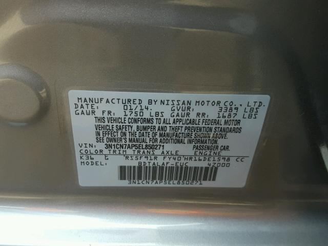 3N1CN7AP5EL850271 - 2014 NISSAN VERSA S GRAY photo 10