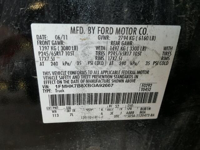 1FMHK7B8XBGA92667 - 2011 FORD EXPLORER BLACK photo 10