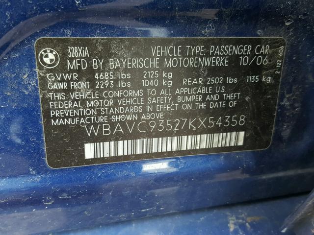 WBAVC93527KX54358 - 2007 BMW 328 XI BLUE photo 10