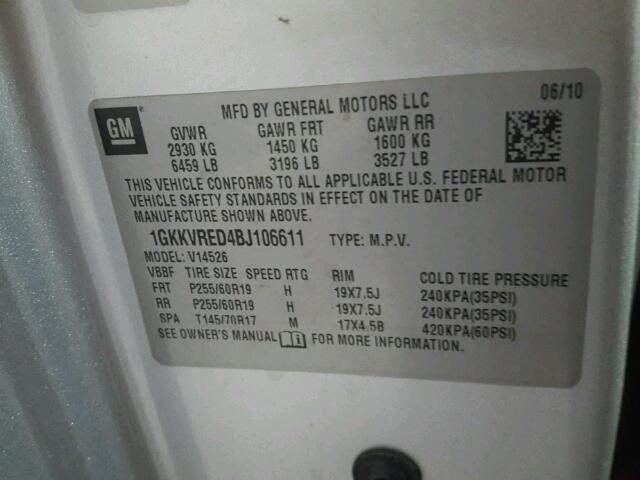 1GKKVRED4BJ106611 - 2011 GMC ACADIA SLT ვერცხლისფერი ფოტო 10