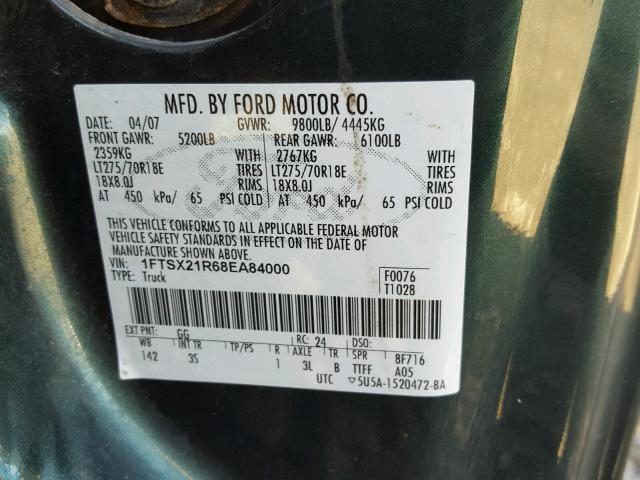 1FTSX21R68EA84000 - 2008 FORD F250 SUPER GREEN photo 10