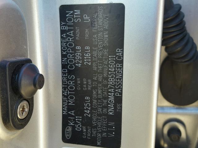 KNAGM4A78B5146011 - 2011 KIA OPTIMA LX SILVER photo 10