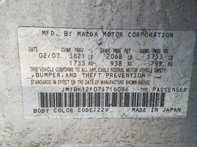 JM1BK12F071716086 - 2007 MAZDA 3 I SILVER photo 10