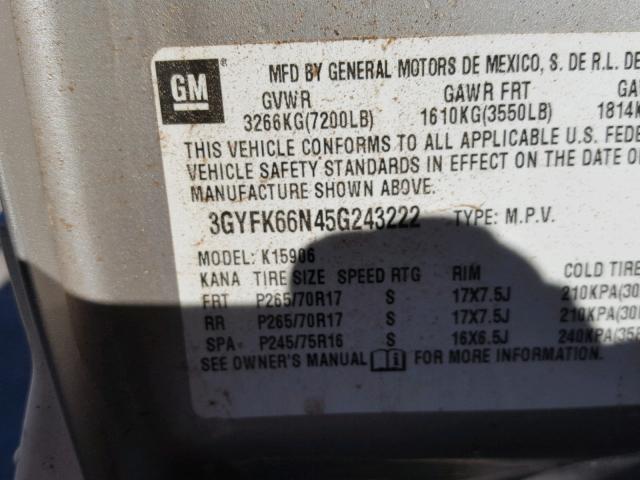 3GYFK66N45G243222 - 2005 CADILLAC ESCALADE E SILVER photo 10