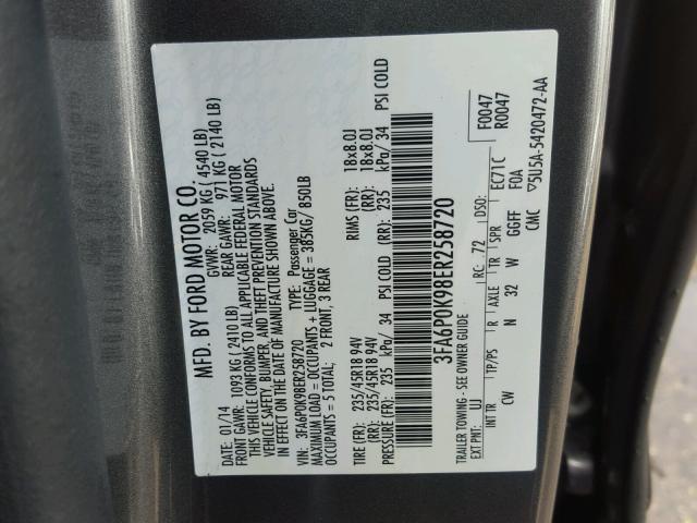 3FA6P0K98ER258720 - 2014 FORD FUSION TIT GRAY photo 10