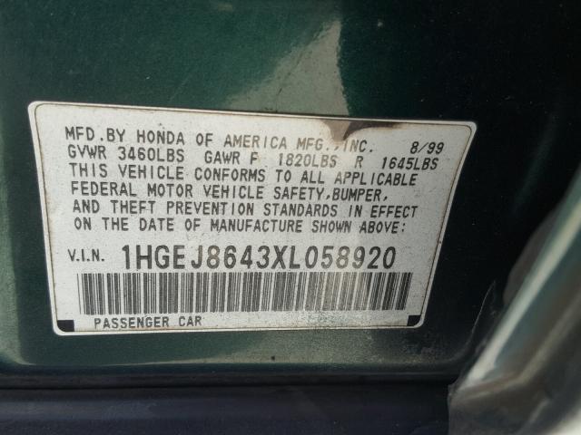 1HGEJ8643XL058920 - 1999 HONDA CIVIC EX Yaşıl foto 10
