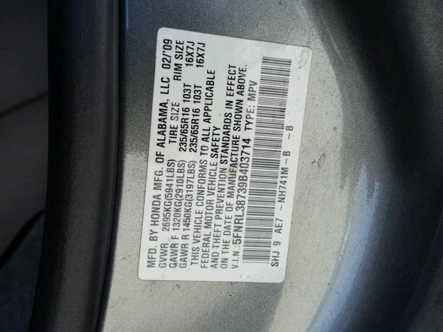 5FNRL38739B403714 - 2009 HONDA ODYSSEY EX SILVER photo 10