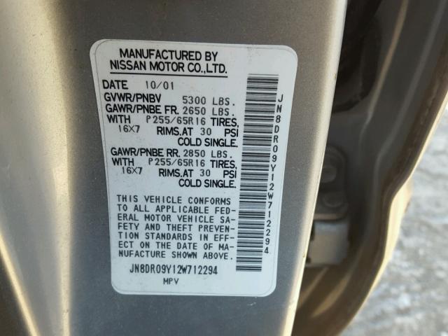 JN8DR09Y12W712294 - 2002 NISSAN PATHFINDER SILVER photo 10