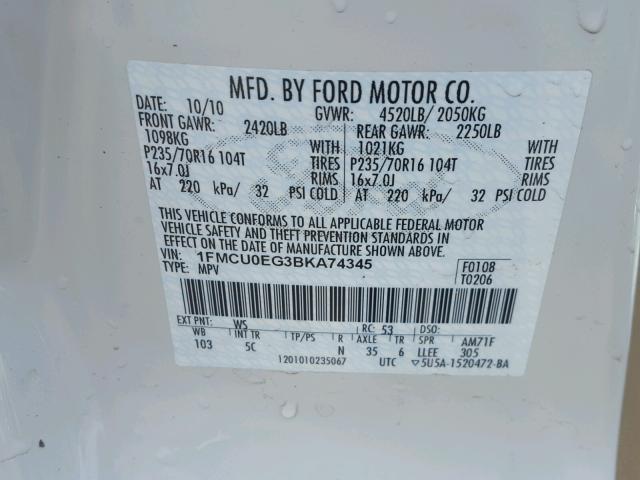 1FMCU0EG3BKA74345 - 2011 FORD ESCAPE LIM WHITE photo 10