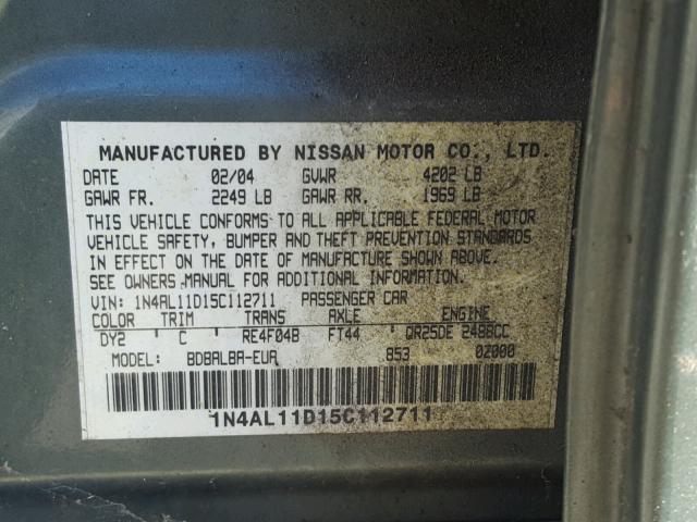 1N4AL11D15C112711 - 2005 NISSAN ALTIMA S GREEN photo 10