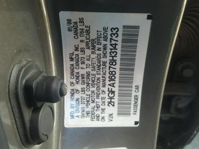 2HGFA16878H314733 - 2008 HONDA CIVIC EX GRAY photo 10