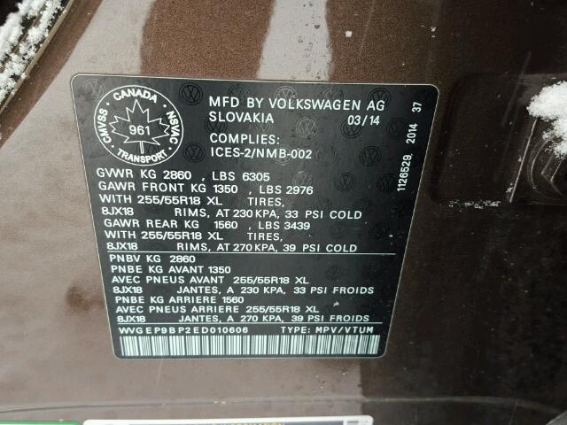 WVGEP9BP2ED010606 - 2014 VOLKSWAGEN TOUAREG V6 BROWN photo 10