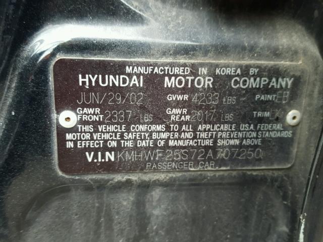 KMHWF25S72A707250 - 2002 HYUNDAI SONATA GL BLACK photo 10