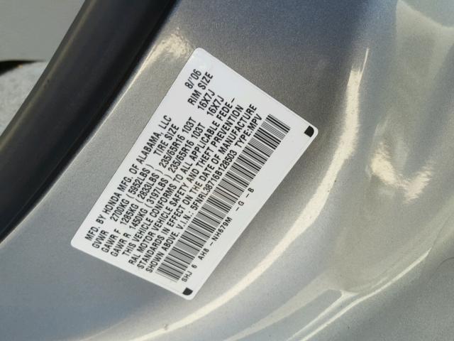 5FNRL38716B128503 - 2006 HONDA ODYSSEY EX GRAY photo 10