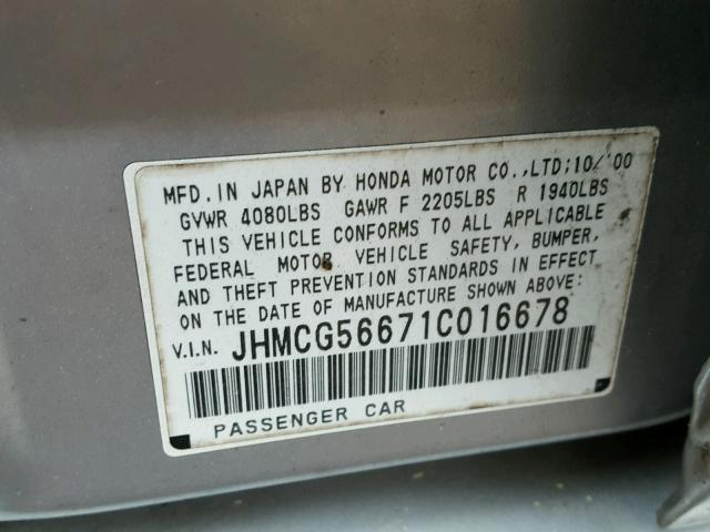 JHMCG56671C016678 - 2001 HONDA ACCORD EX SILVER photo 10