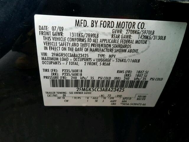 2FMGK5CC3ABA23425 - 2010 FORD FLEX SEL أزرق صورة 10