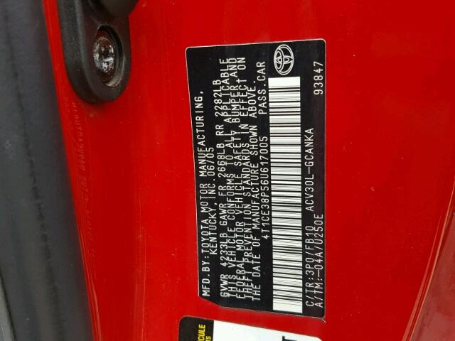 4T1CE38P56U617005 - 2006 TOYOTA CAMRY SOLA RED photo 10