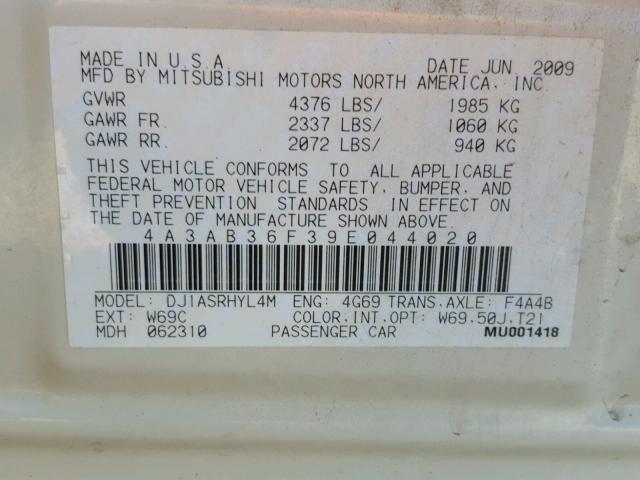 4A3AB36F39E044020 - 2009 MITSUBISHI GALANT ES WHITE photo 10