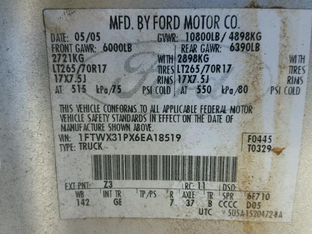 1FTWX31PX6EA18519 - 2006 FORD F350 SRW S SILVER photo 10