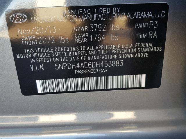 5NPDH4AE6DH453883 - 2013 HYUNDAI ELANTRA GL GRAY photo 10