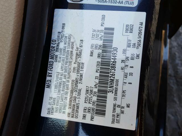 3LNHM26T38R644930 - 2008 LINCOLN MKZ BLUE photo 10