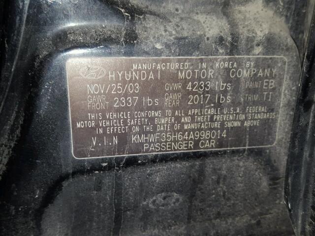 KMHWF35H64A998014 - 2004 HYUNDAI SONATA GLS BLACK photo 10