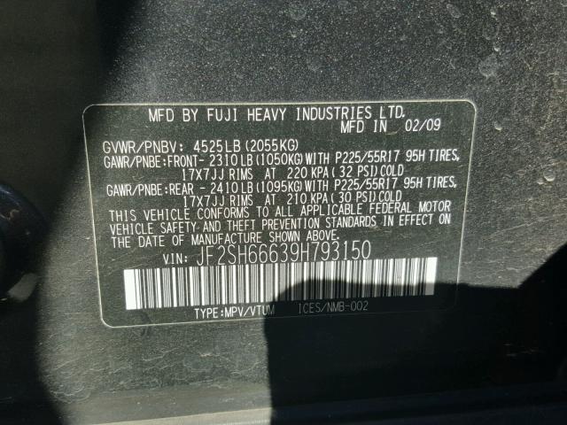 JF2SH66639H793150 - 2009 SUBARU FORESTER 2 GRAY photo 10