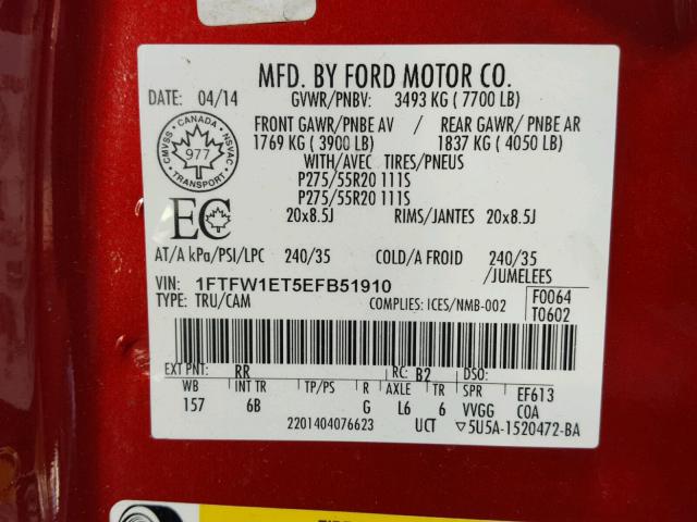 1FTFW1ET5EFB51910 - 2014 FORD F150 SUPER RED photo 10