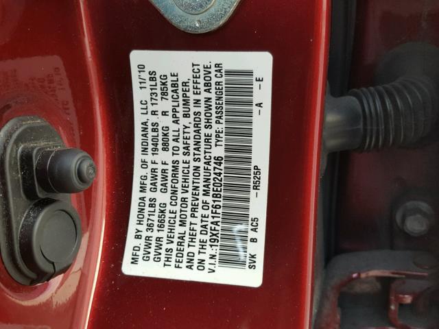 19XFA1F61BE024746 - 2011 HONDA CIVIC LX-S RED photo 10