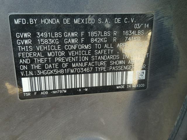 3HGGK5H81FM703467 - 2015 HONDA FIT EX GRAY photo 10