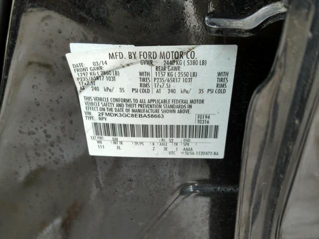 2FMDK3GC8EBA58663 - 2014 FORD EDGE SE BLACK photo 10