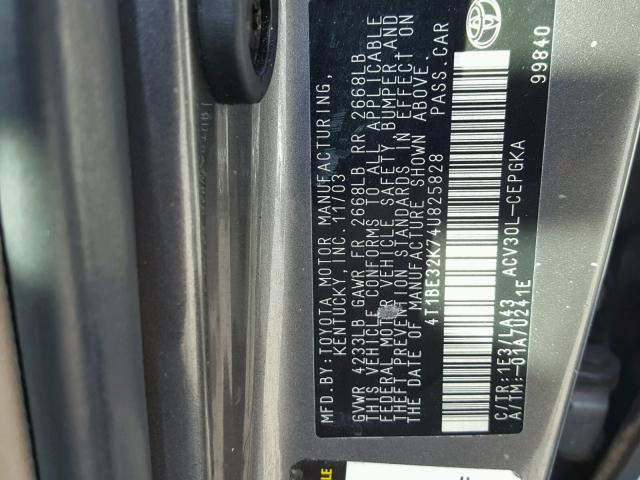 4T1BE32K74U825828 - 2004 TOYOTA CAMRY LE CHARCOAL photo 10