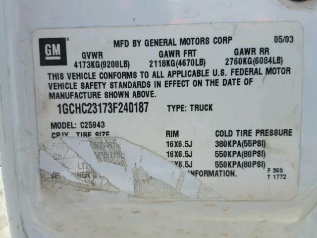 1GCHC23173F240187 - 2003 CHEVROLET SILVERADO WHITE photo 10