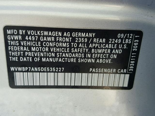 WVWBP7AN5DE535227 - 2013 VOLKSWAGEN CC SPORT SILVER photo 10