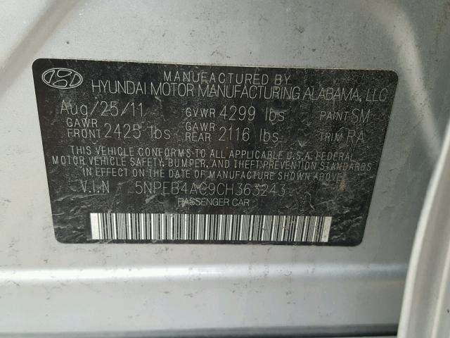 5NPEB4AC9CH363243 - 2012 HYUNDAI SONATA GLS SILVER photo 10