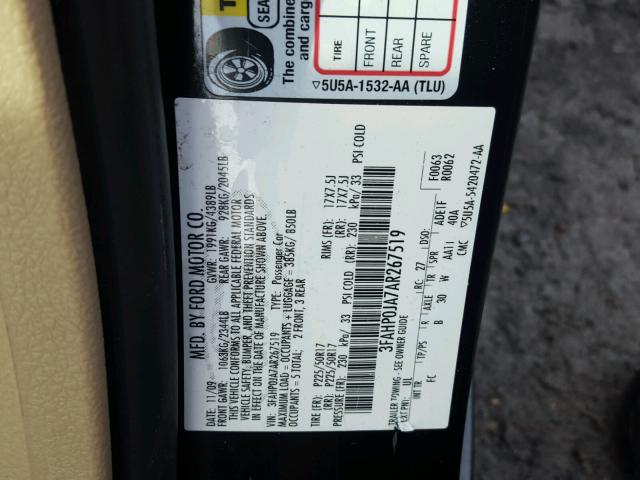 3FAHP0JA7AR267519 - 2010 FORD FUSION SEL BLACK photo 10