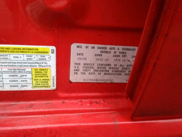 KL1TD56E89B373152 - 2009 CHEVROLET AVEO LS RED photo 10