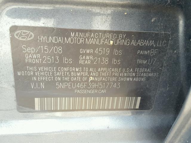 5NPEU46F39H517743 - 2009 HYUNDAI SONATA SE BLUE photo 10