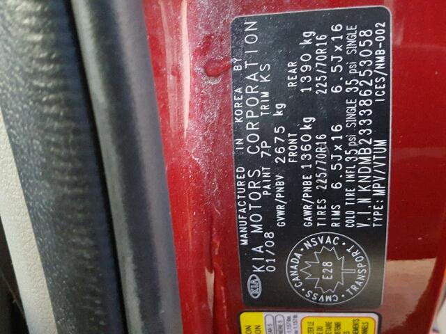 KNDMB233386253058 - 2008 KIA SEDONA EX RED photo 10