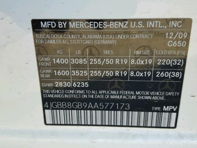 4JGBB8GB9AA577173 - 2010 MERCEDES-BENZ ML 350 4MA WHITE photo 10