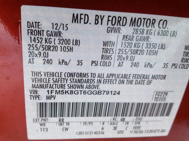 1FM5K8GT6GGB79124 - 2016 FORD EXPLORER S RED photo 10