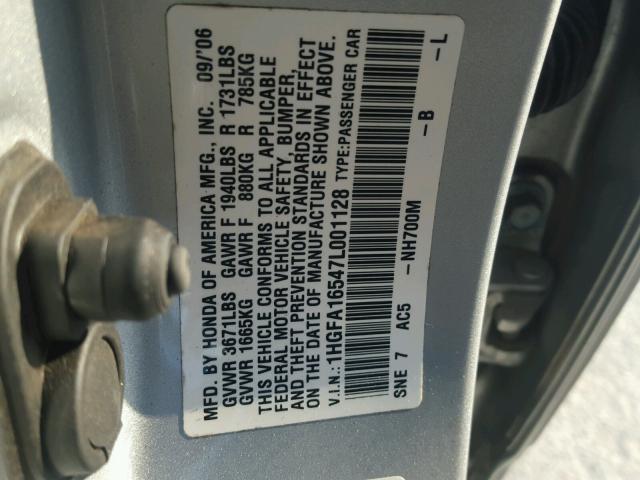 1HGFA16547L001128 - 2007 HONDA CIVIC LX SILVER photo 10