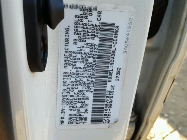 4T1BF30K83U059137 - 2003 TOYOTA CAMRY LE WHITE photo 10