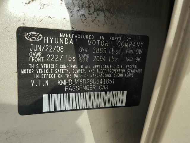 KMHDU46D28U541851 - 2008 HYUNDAI ELANTRA GL GOLD photo 10