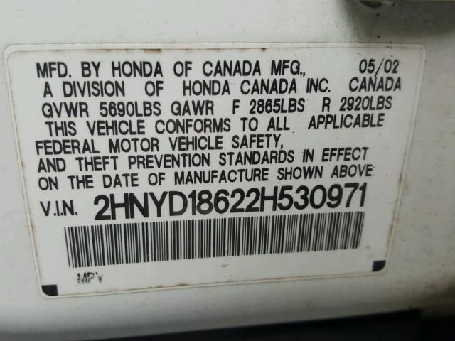 2HNYD18622H530971 - 2002 ACURA MDX TOURIN WHITE photo 10