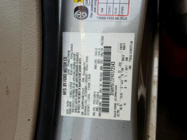 3FAHP07ZX9R172543 - 2009 FORD FUSION SE BEIGE photo 10