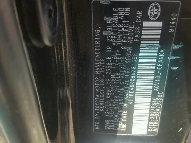 4T1BE46KX8U781698 - 2008 TOYOTA CAMRY CE BLACK photo 10