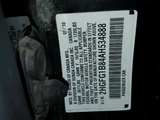 2HGFG1B84AH534888 - 2010 HONDA CIVIC EX BLACK photo 10